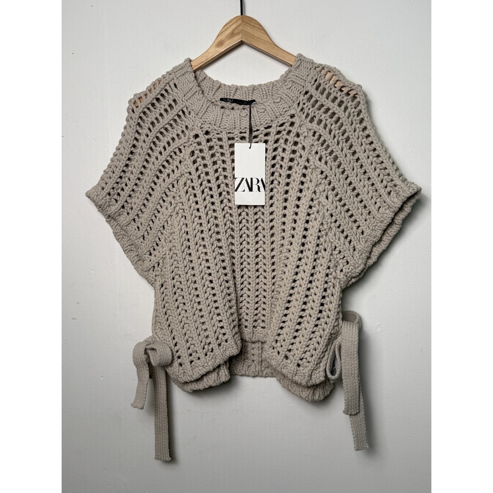Zara Womens Sand Beige Chunky Open Knit Side Tie Crochet Vest Top Small NWT